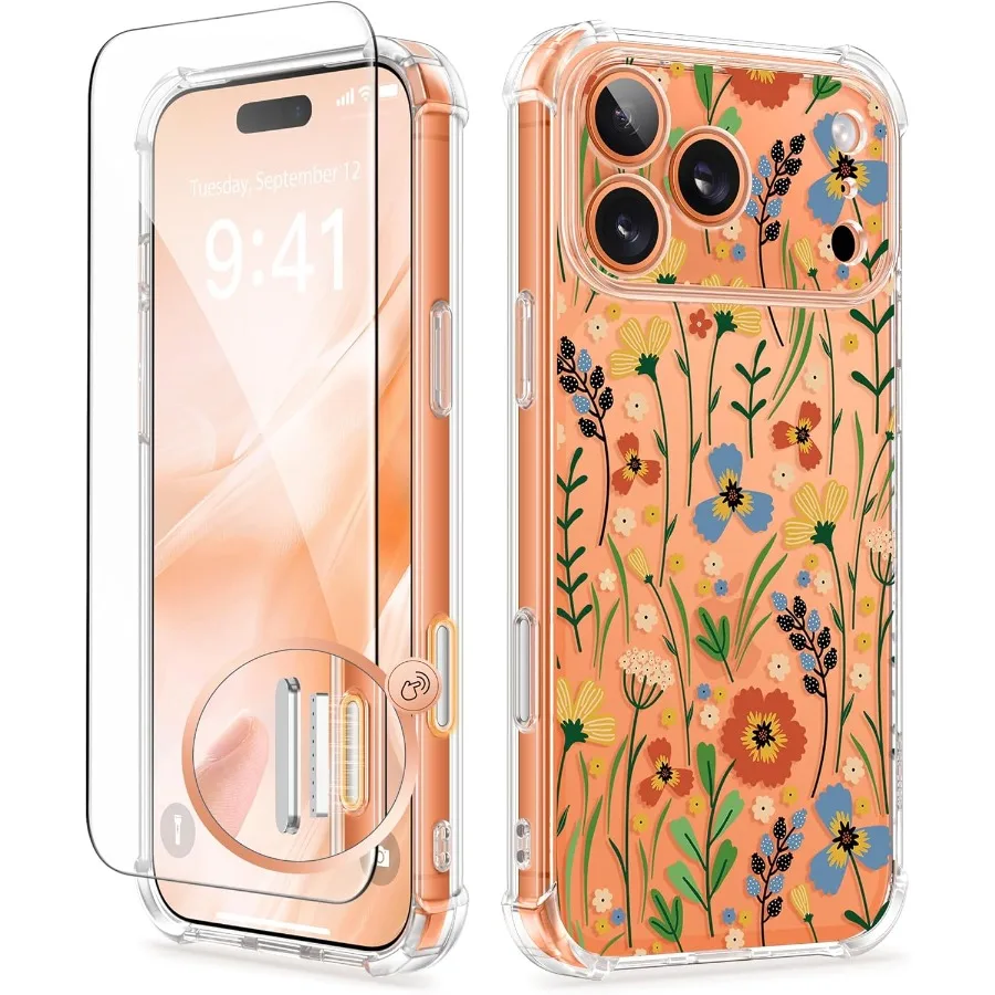 

For iPhone 17 Pro Case with Screen Protector Upgraded [Full Camera Protection] [Non Yellowing] Floral Slim Shockproof Clear