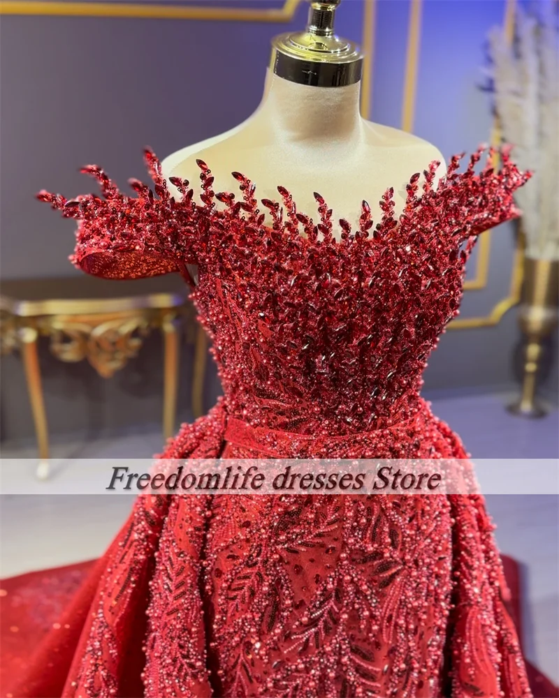 Vestidos de Noche rojos oscuros de lujo, tren desmontable con cuentas y hombros descubiertos, vestido de fiesta de boda árabe de Dubái, vestidos de graduación personalizados