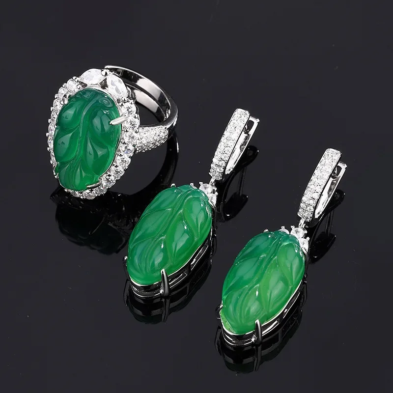 Fashion Elegant Green Jade Leaf Jewelry Includes Adjustable Ring and Earring Perfect for Special Occasions and Gift Giving Women