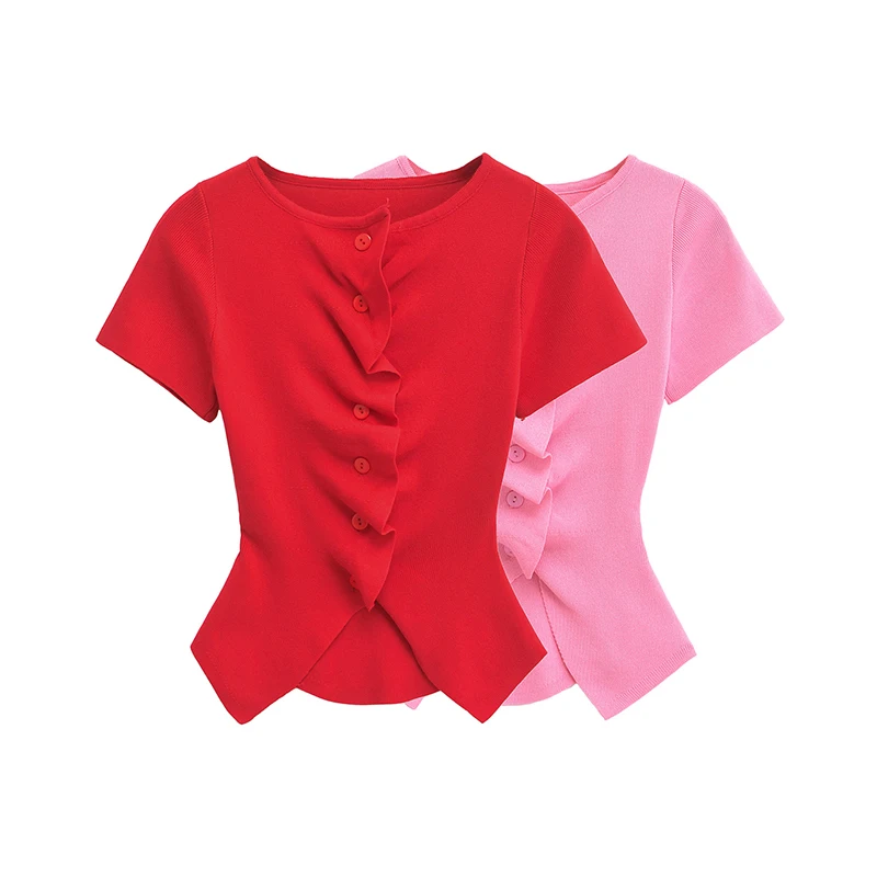 Summer Women Short Sleeve O Neck Front Ruched Red T Shirt Fashion Knit Tees Slim Crop Top