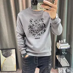 Men Trendy Tiger Head Print Simple Fleece Sweatshirt Autumn Winter Casual Loose Hoodie Male Round Neck Long Sleeve Pullover Tops