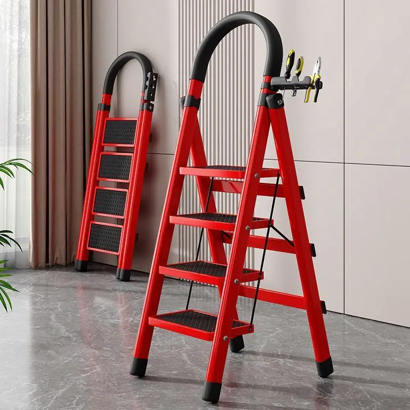 Household large pedal folding ladder, with handrail zigzag ladder, portable folding ladder, thick steel pipe folding ladder