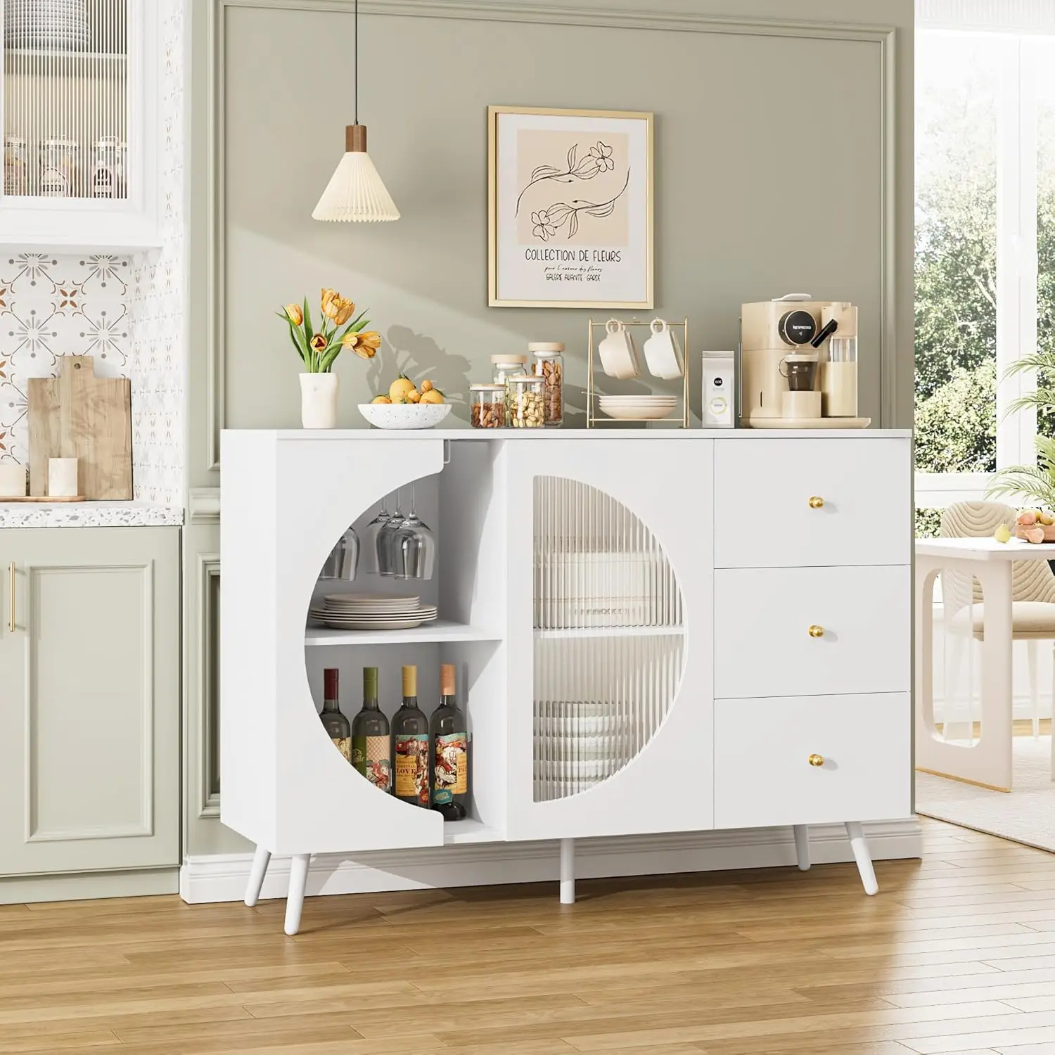 Coffee Bar Cabinet with Fluted Glass Door, Modern Cream Style Buffet Sideboard with Wine Glass Rack, Chest of Drawer Buffet