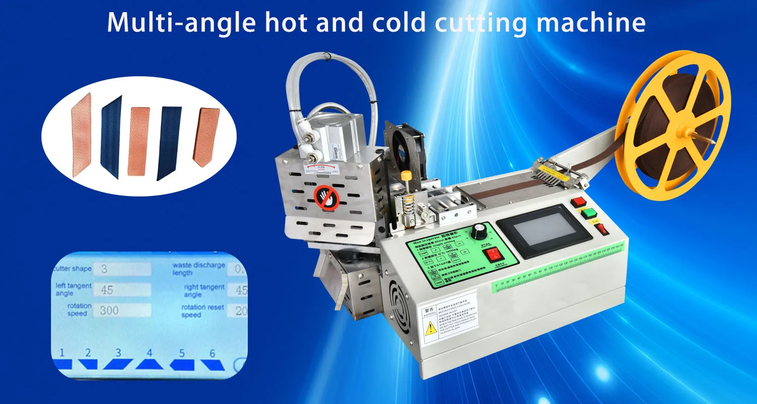 Rotary Angle Hot and Cold Cutting Machine Cuts Webbing, Leather, Velcro, Labels, Nylon, Webbing and Polyester.