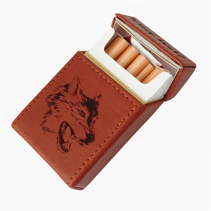 Hi Quality PU Leather Magnetic Cigarette Case 20 Pcs Whole Pack Laser Engraved Pattern King Wolf Smoking boxes