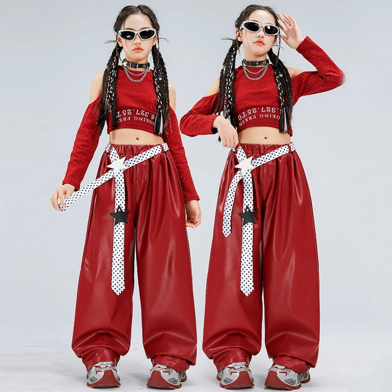 Crianças terno de dança de salão meninas jazz dança traje vermelho superior calças de couro crianças hip hop roupas grupo k-pop outfit xs10720