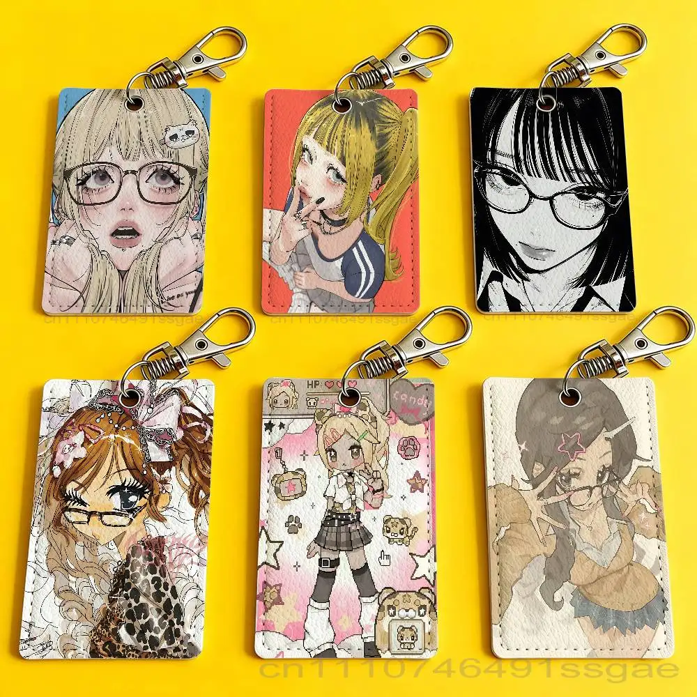

Cool Gyaru Cartoon Card Case Leather Card Holder Keychain Key Ring Door Access Tags ID Card Case Keychain