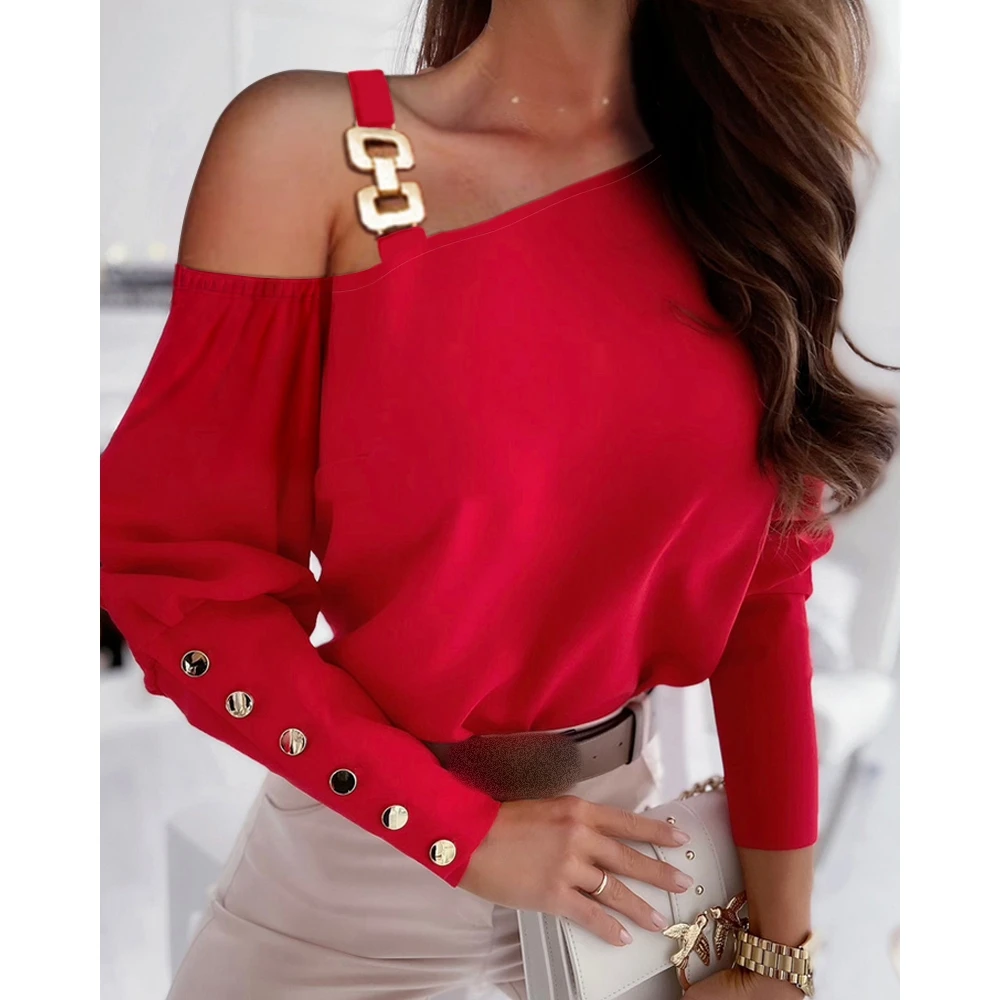 

Fashion Button Decro Sexy Cold Shoulder Strap T-Shirt Femme Casual Long Sleeve Top traf Blouse Women Clothes Korean Style