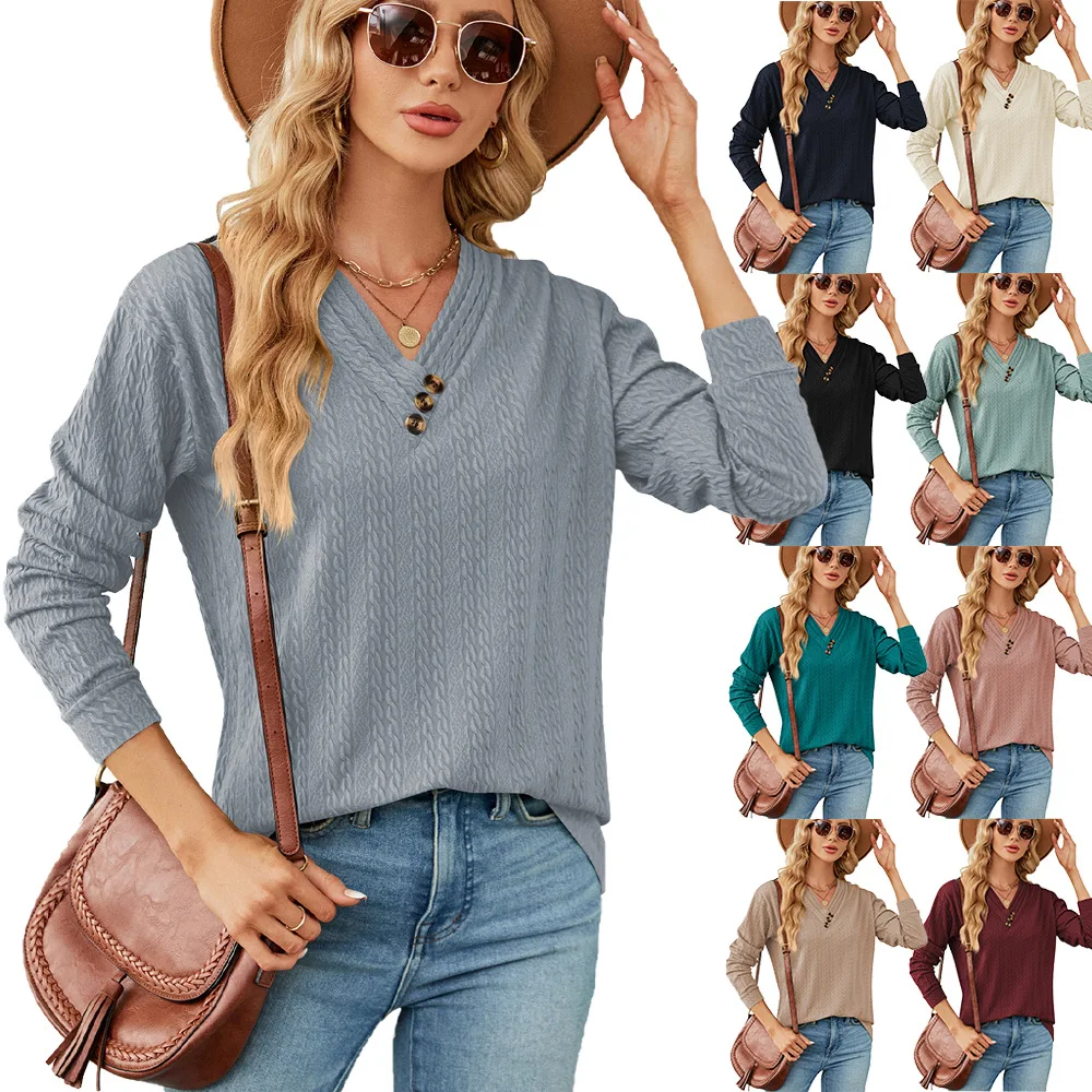 Women's Long Sleeve Casual T Shirt, Tops for Spring, Autumn, V Neck, Solid
