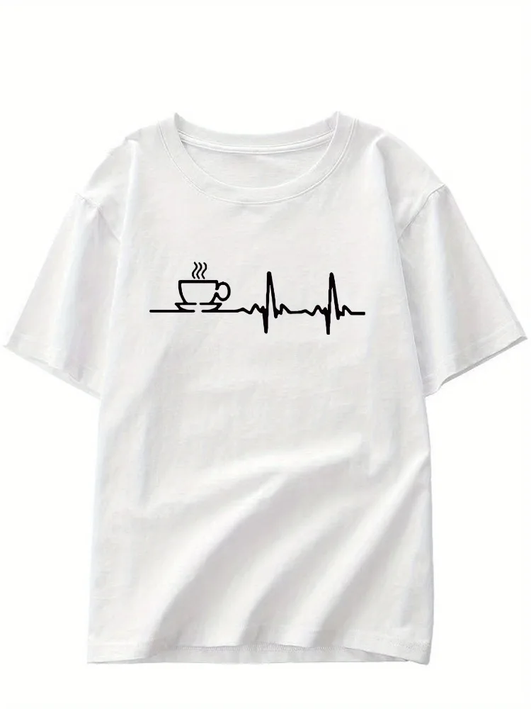 Camiseta informal de manga corta con estampado de taza de café y latido del corazón para mujer jersey cómodo con cuello redondo
