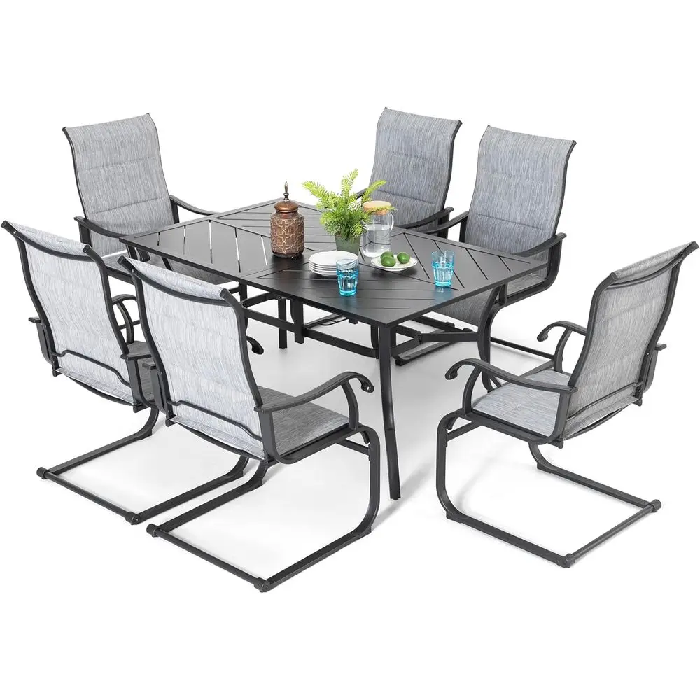 

7 Piece Outdoor Dining Set, 6 All Weather Padded Textilene Patio Chairs and 61" Recular Dining Table with 1.77" Umbrella Hole, o