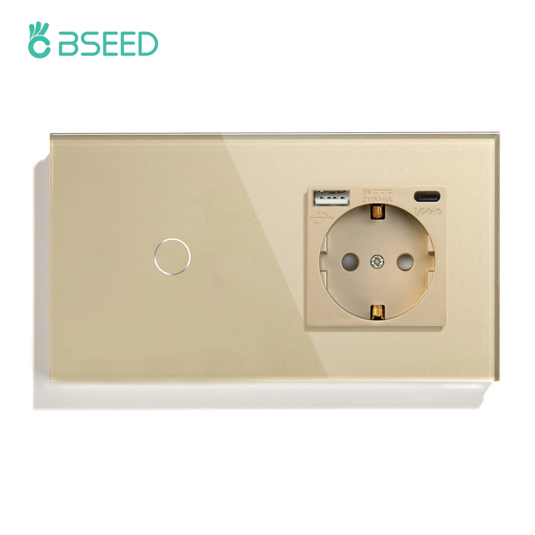 BSEED Touch-Schalter 1/2/3-fach 1-Wege EU-Standard Wandsteckdose mit USB Typ-C Elektrostecker Kristallglas-Panel 157mm 228mm