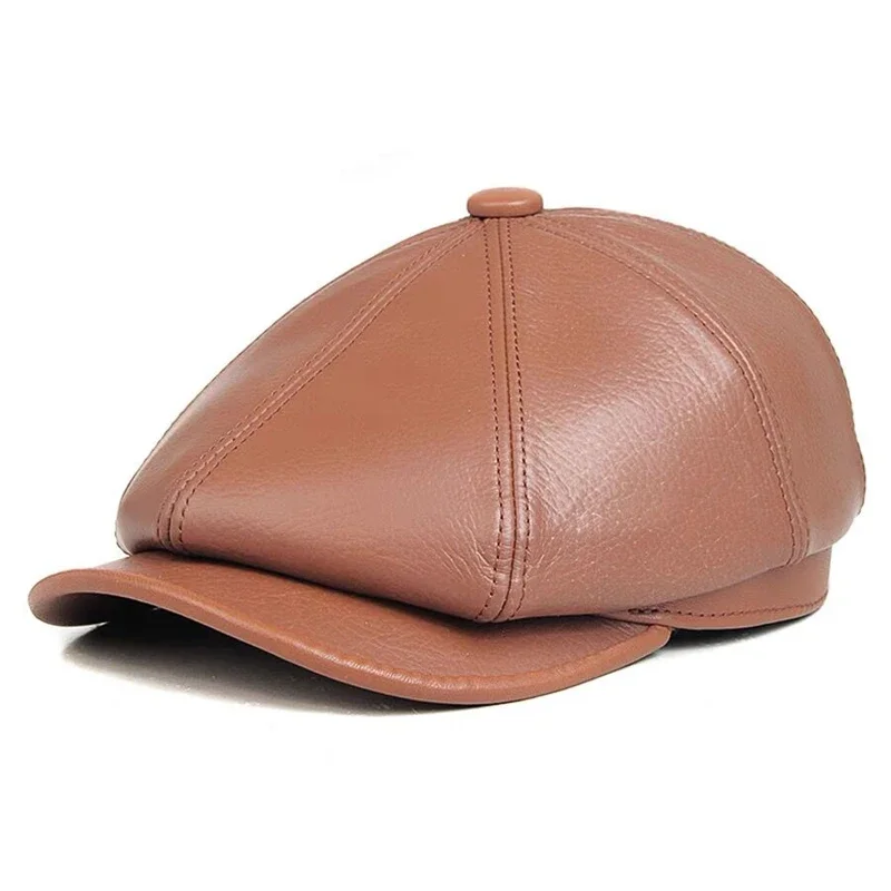 2024 New Genuine Leather Hat Cap belt Cowhide Beret Warm Winter Cotton Men Padding Brand New Hunting Cap Duckbill