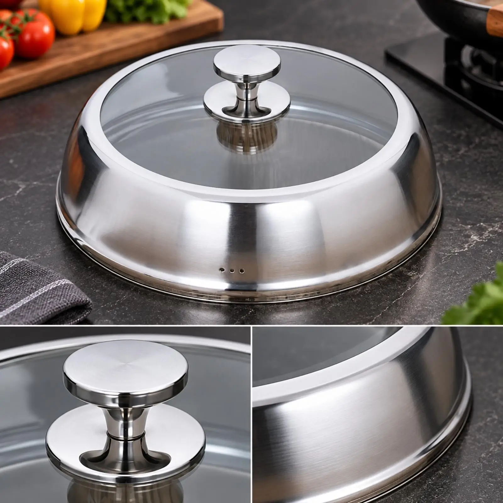 Round Wok Lid with Ventilation Holes Polished Stainless Steel Wok Lid Ventilated