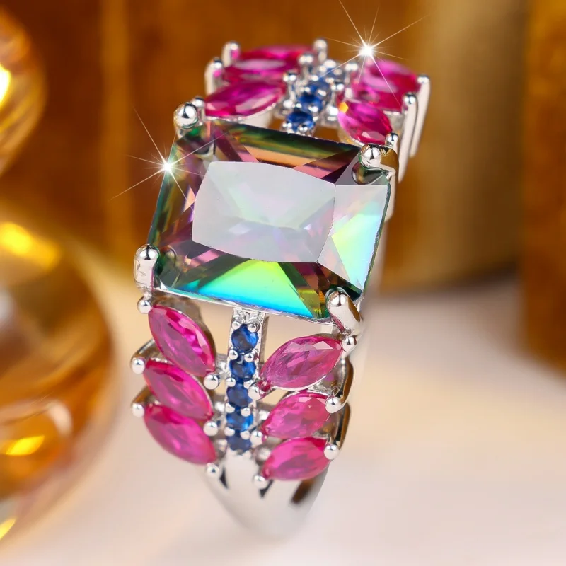 European and American Illusion Color Block Main Stone Ring Heavy Industry Inlaid Horse Eye Color Zirconia Flower Accessories