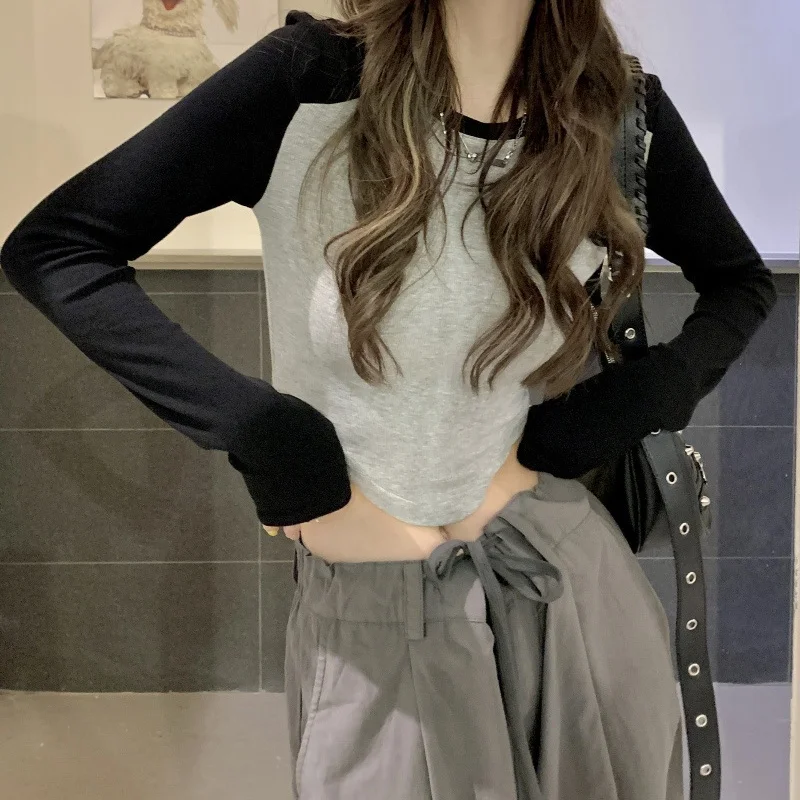 Splice Kpop Crop Tops Women Sexy Slim Y2K T-shirts Vintage Goth Harajuku Tees Shirts Korean Fashion Cheap Clothes Woman Tshirts