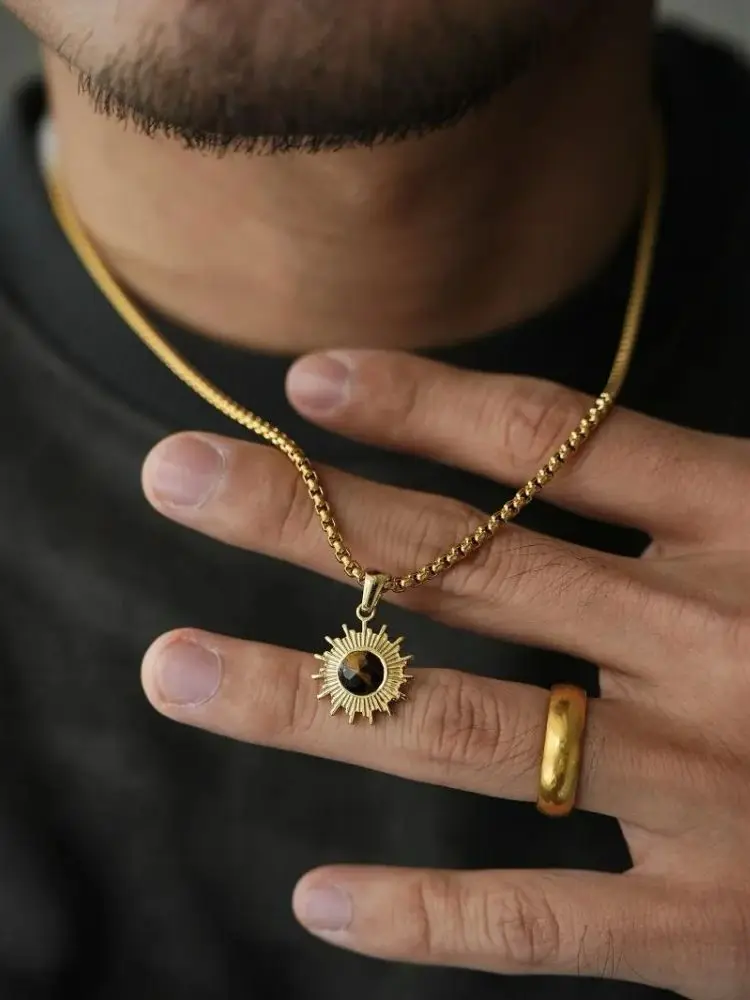 Retro-Sonnenblumen-Tigerauge-Anhänger-Halskette Hip-Hop Herren Lange Edelstahl-Pulloverkette Schmuck Mode-Accessoires – Detail 4