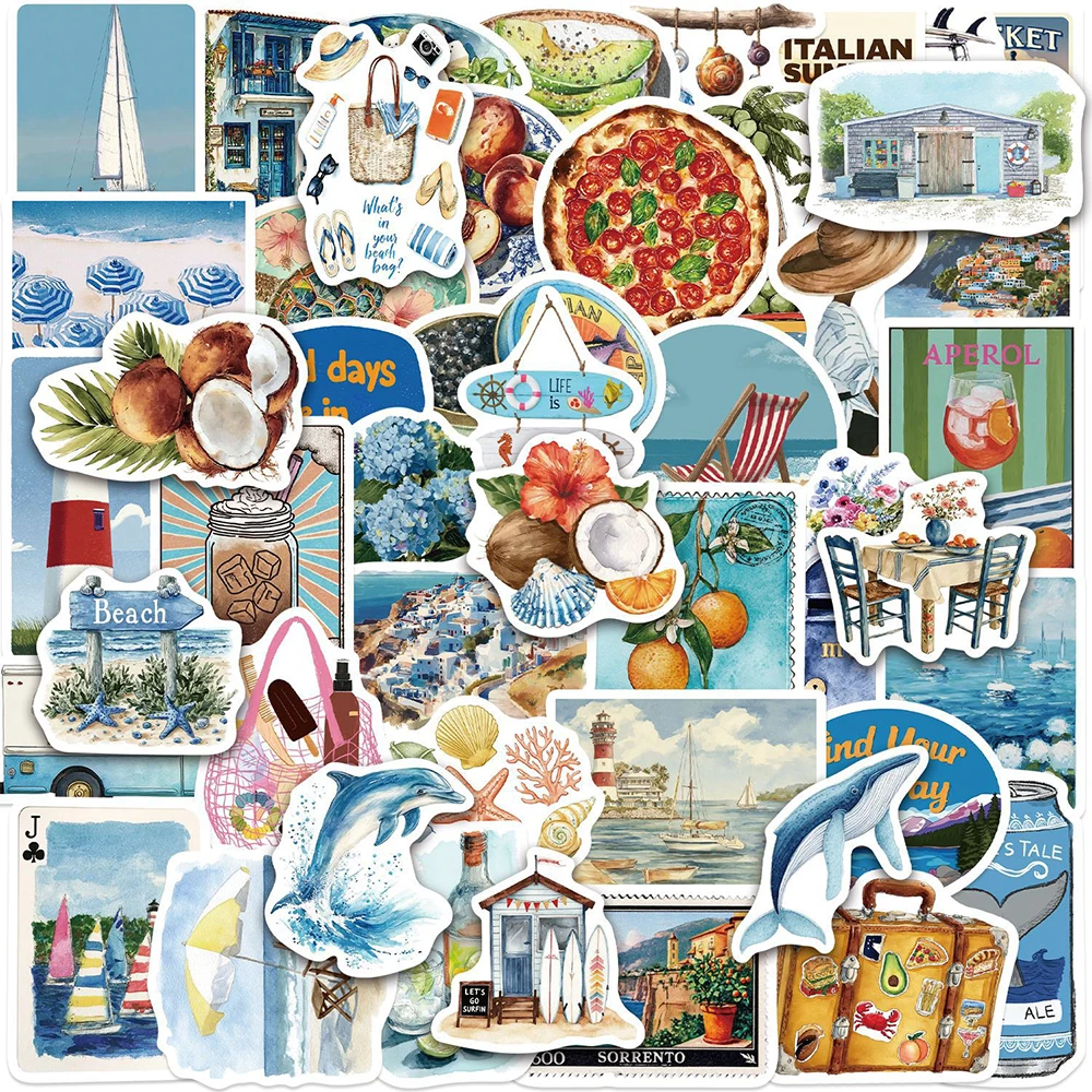 10/30/50pcs Vintage INS Style Summer Mediterranean Food Stickers Coastal Life Cartoon Aesthetic Decals for Guitar Luggage Phone