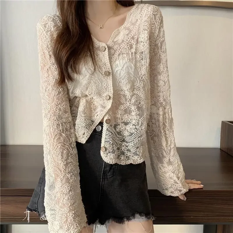 Hollow Mesh Cardigan Knitwear V-neck Solid Lace Long-sleeved Openwork Button Bell Sleeve Top Cover-ups Blouse Women Cardigan