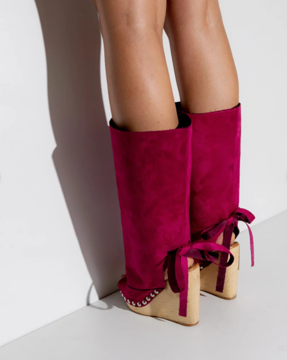 Fuchsia Suede Peep-Toe Wedge Boots Wooden Platform Heel Studded Trim Back Tie Detail Retro Style Mid-Calf Boots