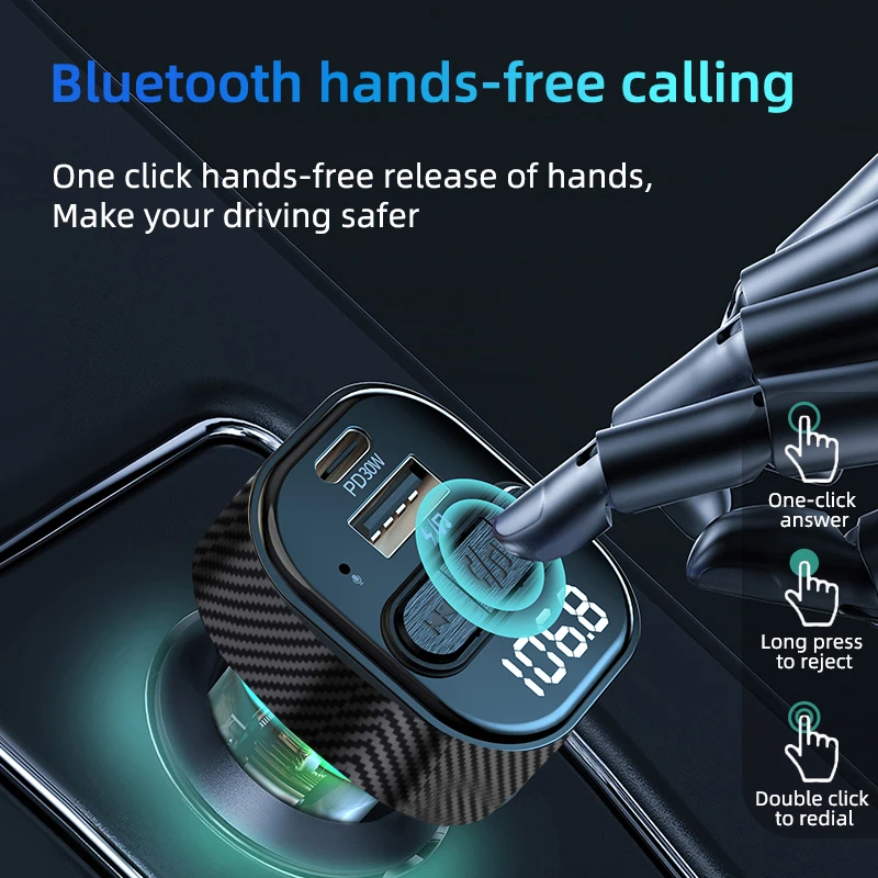 30W PD Fast Charging Car FM Transmitter Bluetooth Wireless Audio Adapter RGB Light Hands-Free Calls MP3 Player Car Kit