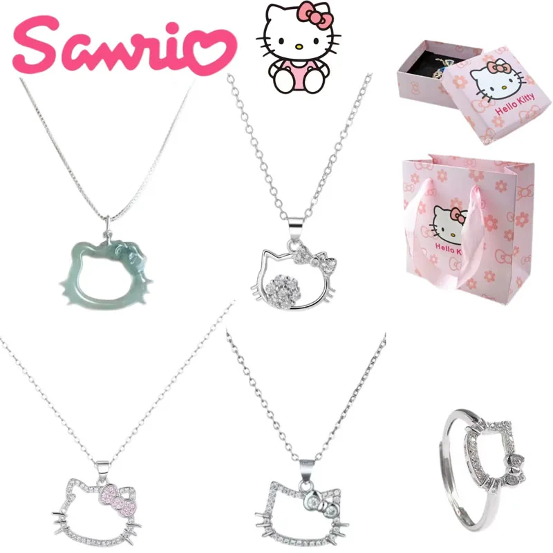 Sanrio Hello Kitty Ring Necklace Cute Cartoon Sweet Crystal Pendant Necklaces with Gift Box Jewelry Accessories for Girls Gifts