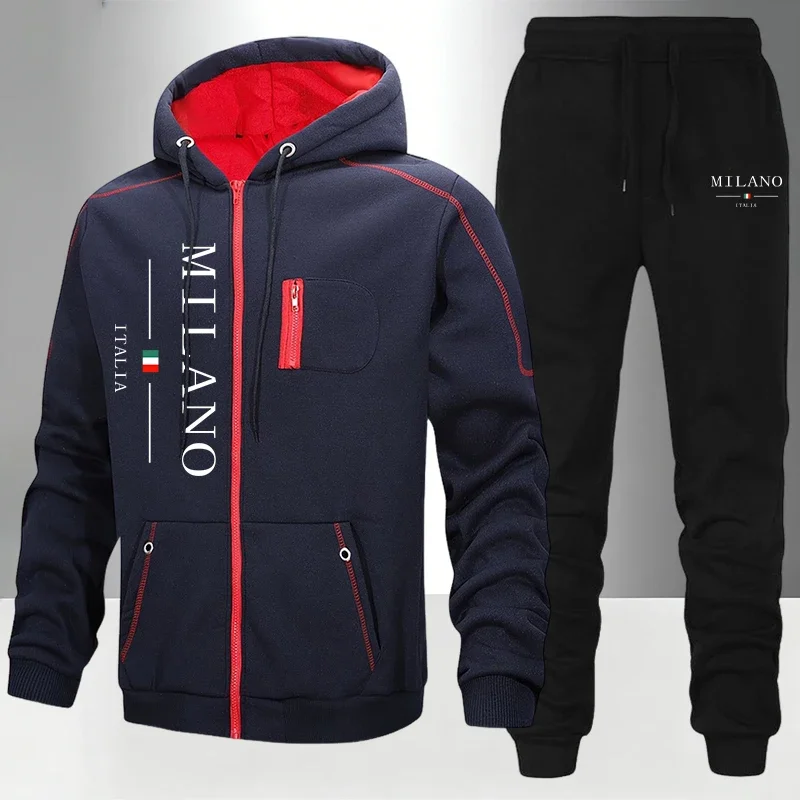 italy Fashion Men's Set/Coat/Pants Autumn Winter Daily Casual Sports Zipper Tracksuit Outdoor Motorcycle Warm Hoodies Outfits view 3