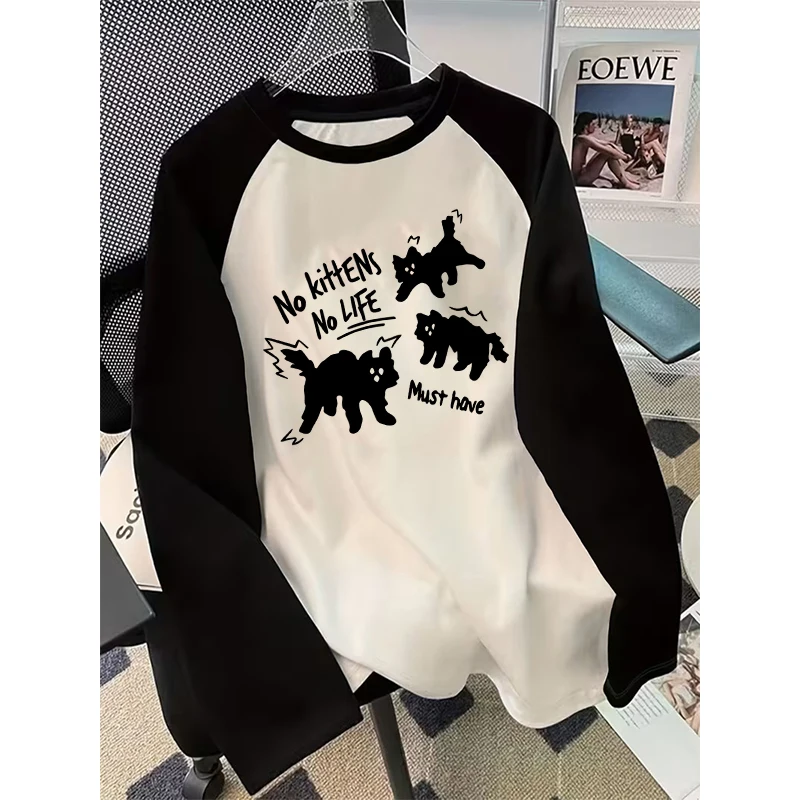 Women's Casual Black Cat Graphic Long Sleeve Tees Tops No Kitchens No Life Design Print T Shirt Koresn Style 90s Tshirt Clothes