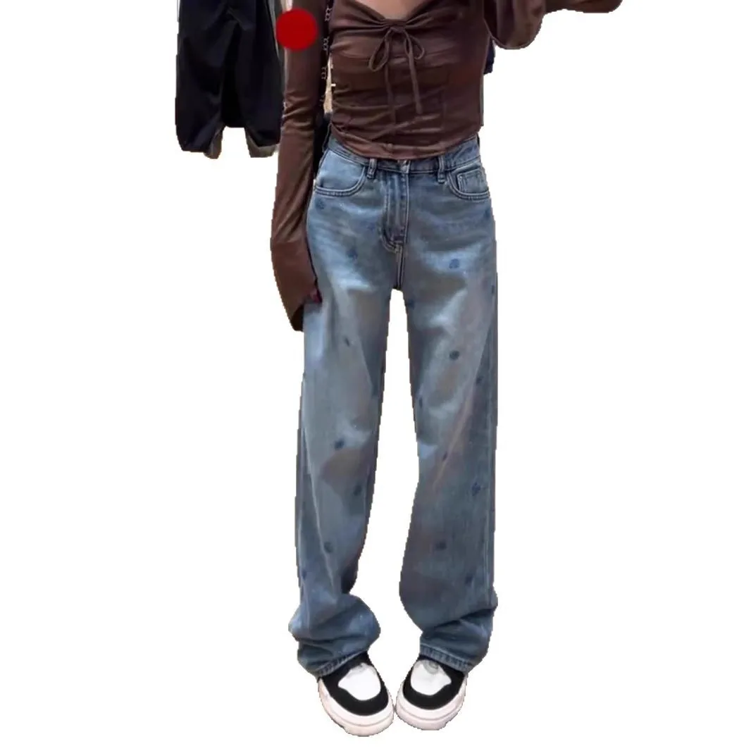 Damskie spodnie jeansowe z wysokim stanem, z nadrukiem, łączone, z efektem zniszczenia, streetwearowe, z kieszeniami, proste, codzienne, na wiosnę i jesień.