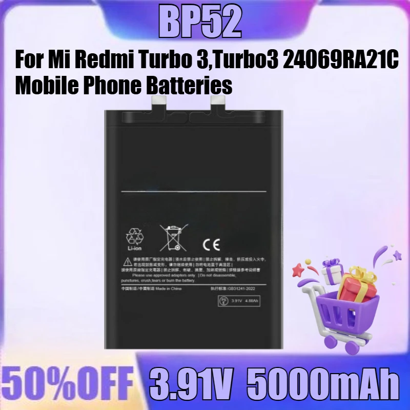 

New for Battery BP52 5000mAh 3.91V Poco F6 Battery for Mi Redmi Turbo 3,Turbo3 24069RA21C Mobile Phone Batteries