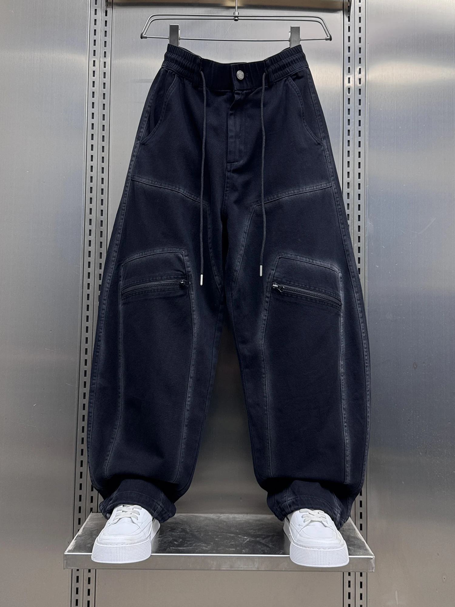 

Spring 2026 New Bla Casual Pants Men Loose Straight Rope Dstring Retro Long Trousers Multi ket Workwear Cotton Blend