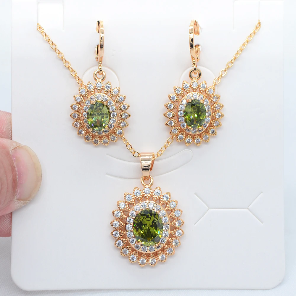 Fashion Gold Color Women Luxury Halo Oval Red Zirconia CZ Earrings & Pendant Wedding Jewelry Set