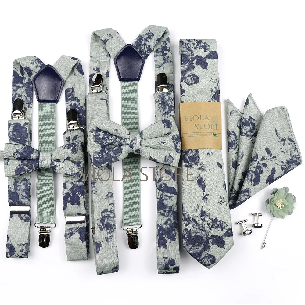 Nouvelle fleur coton 2.5cm jarretelles 6.5cm cravate Hankie hommes enfant arc ensemble fleur verte cravate orthèse sangles accessoire cadeau de fête de mariage