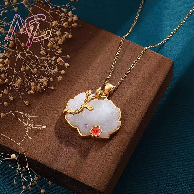 White Natural Jade Lotus Pendant Necklace Designer Carved Gemstone 18K Gold Plated Real Jewelry Gifts for Women Stone Talismans - Image 5