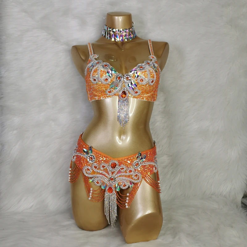 Costumi per spettacoli di danza del ventre Reggiseno + cintura 2 pezzi Cintura a catena fatta a mano sexy per le donne Performance Carnevale Strip Dance Outfit