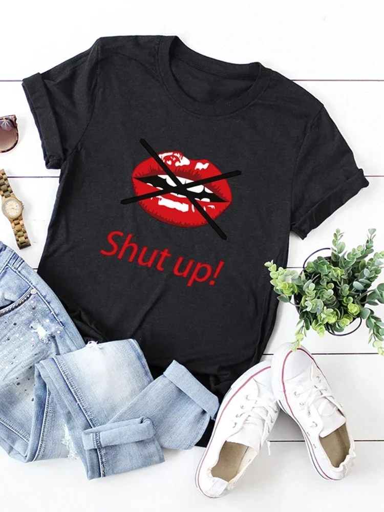 Shut Up Red Lip Print Women T Shirt Short Sleeve O Neck Loose Women Tshirt Ladies Tee Shirt Tops Clothes Camisetas Mujer y2k top