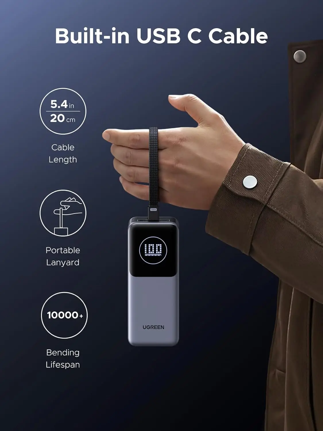 UGREEN Nexode Power Bank 20000mAh 130W with Built-in USB C Cable Laptop Travel Portable Charger, 80W Input Fast Charging