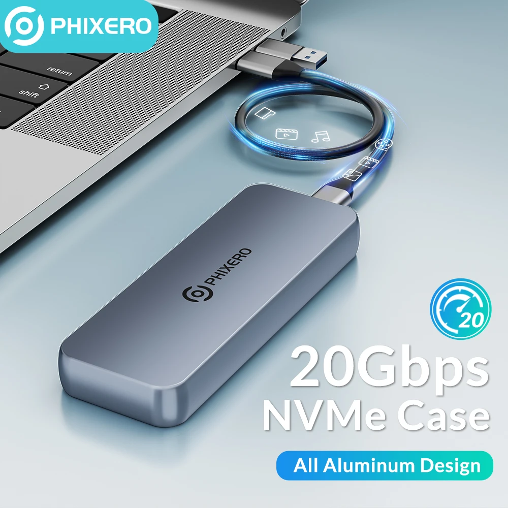 PHIXERO 20Gbps M.2 NVME SSD Case with Built-in Cooling Vest Upgraded Aluminum Type-C M2 NVME SSD Enclosure for Solid State Drive