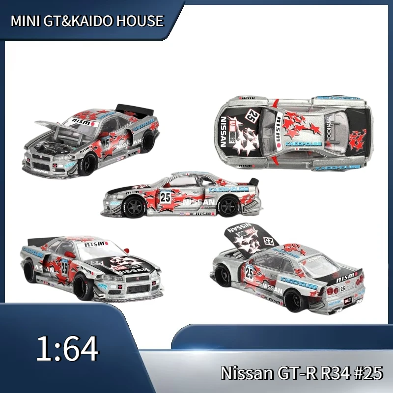 

MINI GT&KAIDO HOUSE 1:64 Nissan GT-R R34 25# Cast alloy model, boys' toy, adult collectible.