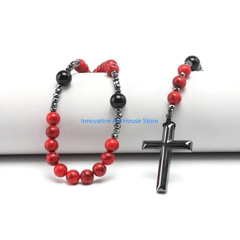 E1PC Catholic Rosary Beads Necklaces Stone Hematite Christian Prayer Jewelry for Men Women Rosaries Necklaces
