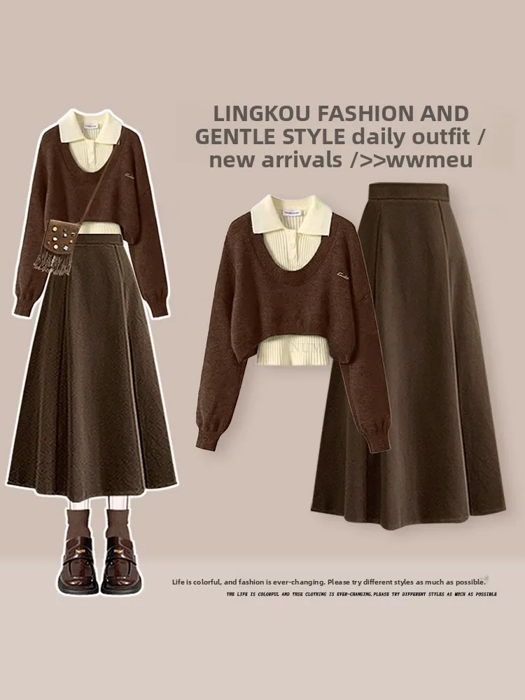 

Spring Vintage Knitted Sweater Boting irt And Slimming Skirt Tee-Piece Set Women's Faion Ensemble High Waist Lo...