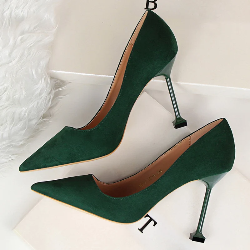 Women 9.5cm High Heels Korean Pumps Lady Wedding Bridal Suede Flock Purple Green Red Stiletto Heels Nightclub Office Party Shoes