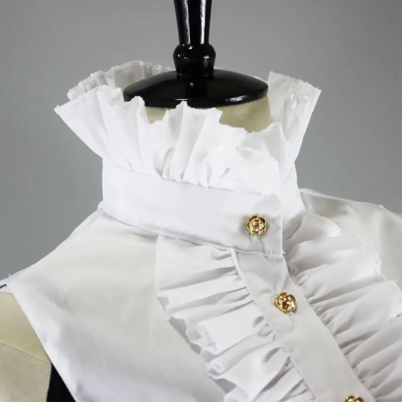 

652F Womens Victorian Steampunk Vintage for Palace Half Shirt Blouse Stand-Up Lotus Ruffles Golden Button Down Detachable False