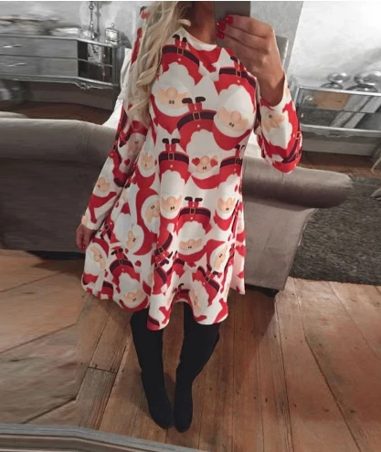 Women\'s Dress 2025 Autumn Latest Christmas Tree Snowman Flatten Christmas Tree Mini Dress Round Neck Long Sleeves Short Skirt