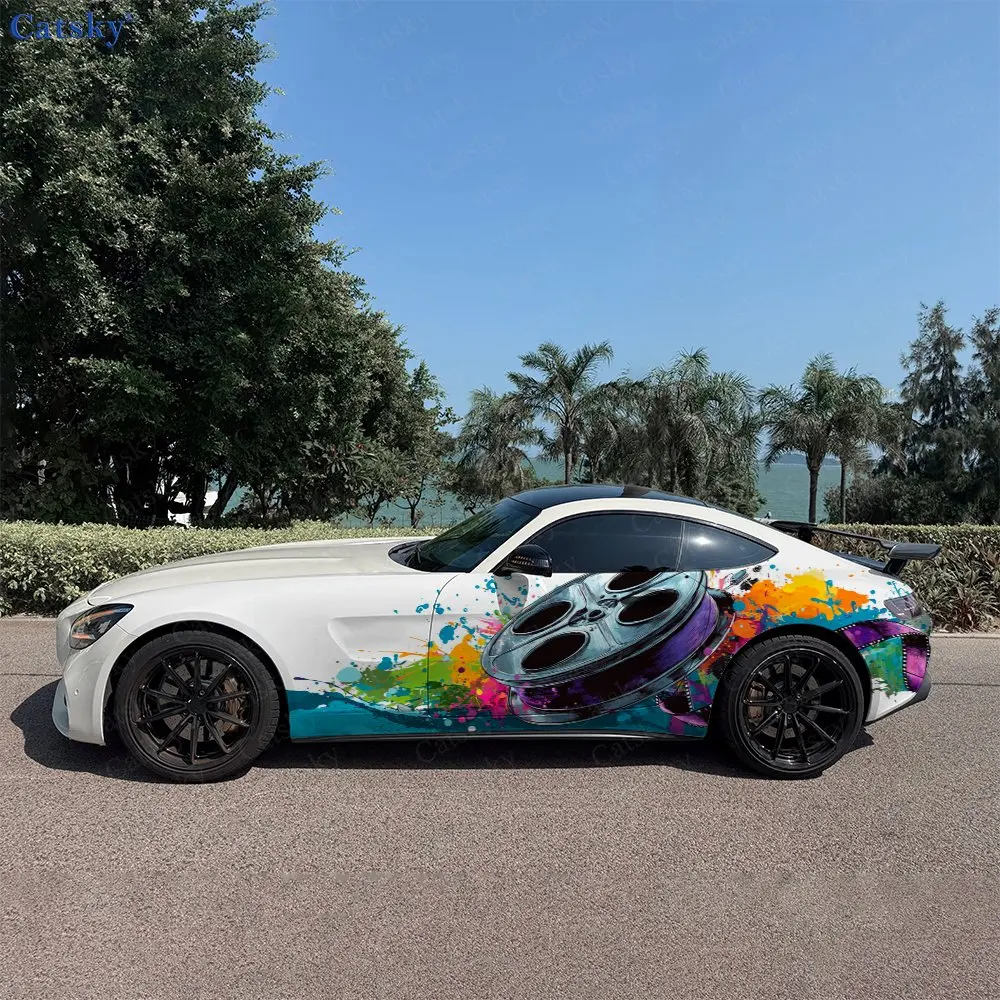 2pcs Film Reel And Rainbow Splatter, Durable, Fade-resistant, Enhance Vehicle Aesthetics With Artistic Design Car Vinyl Wraps
