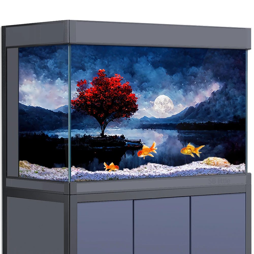 

Aquarium Background Sticker Decoration for Fish Tanks, Red Tree Night Moon Lake Digital HD 3D Poster 5-55 Gallon Reptile Habitat