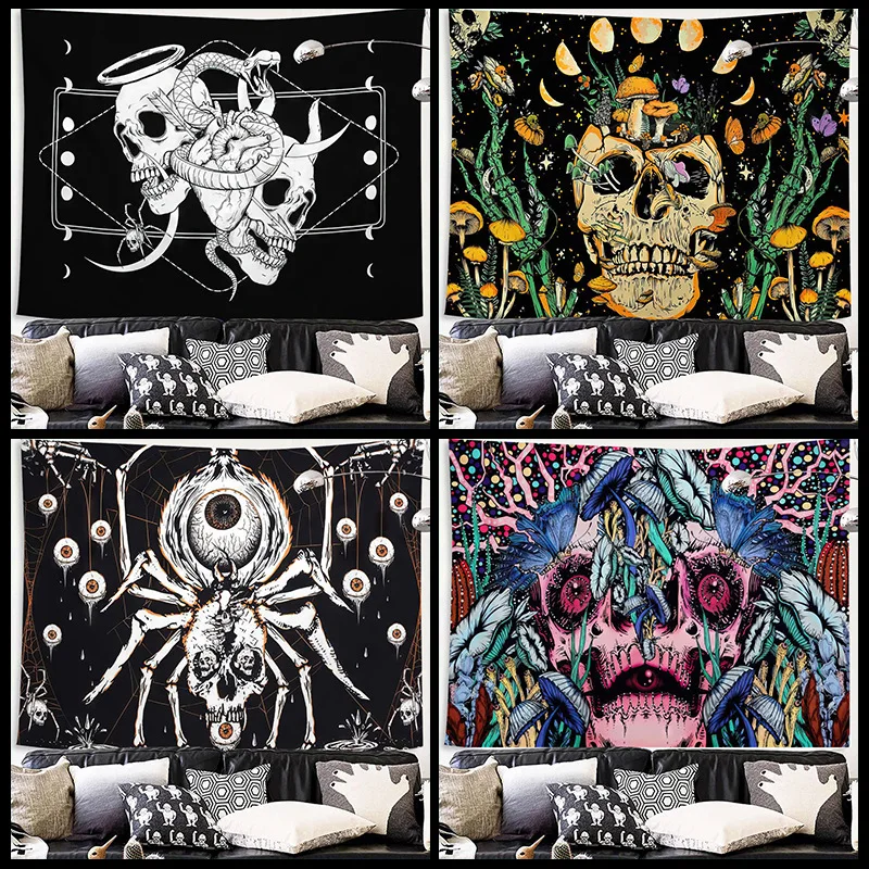 

Sugar Skull Tapestry Mushroom Spider Wave Pattern Wall Tapestry Art Aesthetics Bohemian Skull And Flowers Home Decor Tapestries