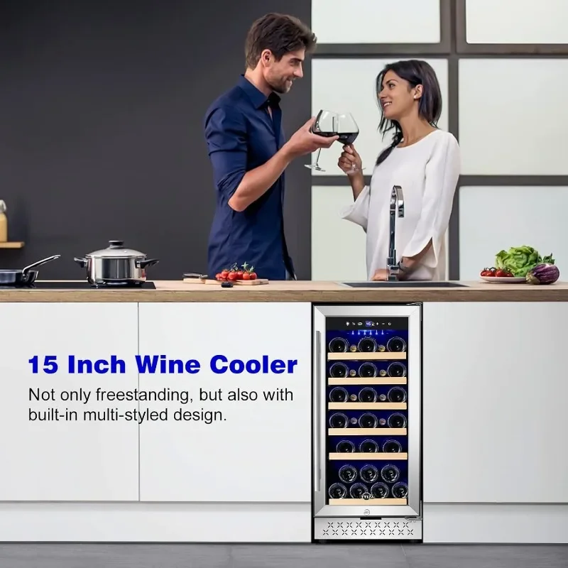 Tylza 15 Inch Wine Cooler Under Counter, 30 Bottle Capacity, Stainless Steel Tempered Glass Door,Constant Temperature Technology