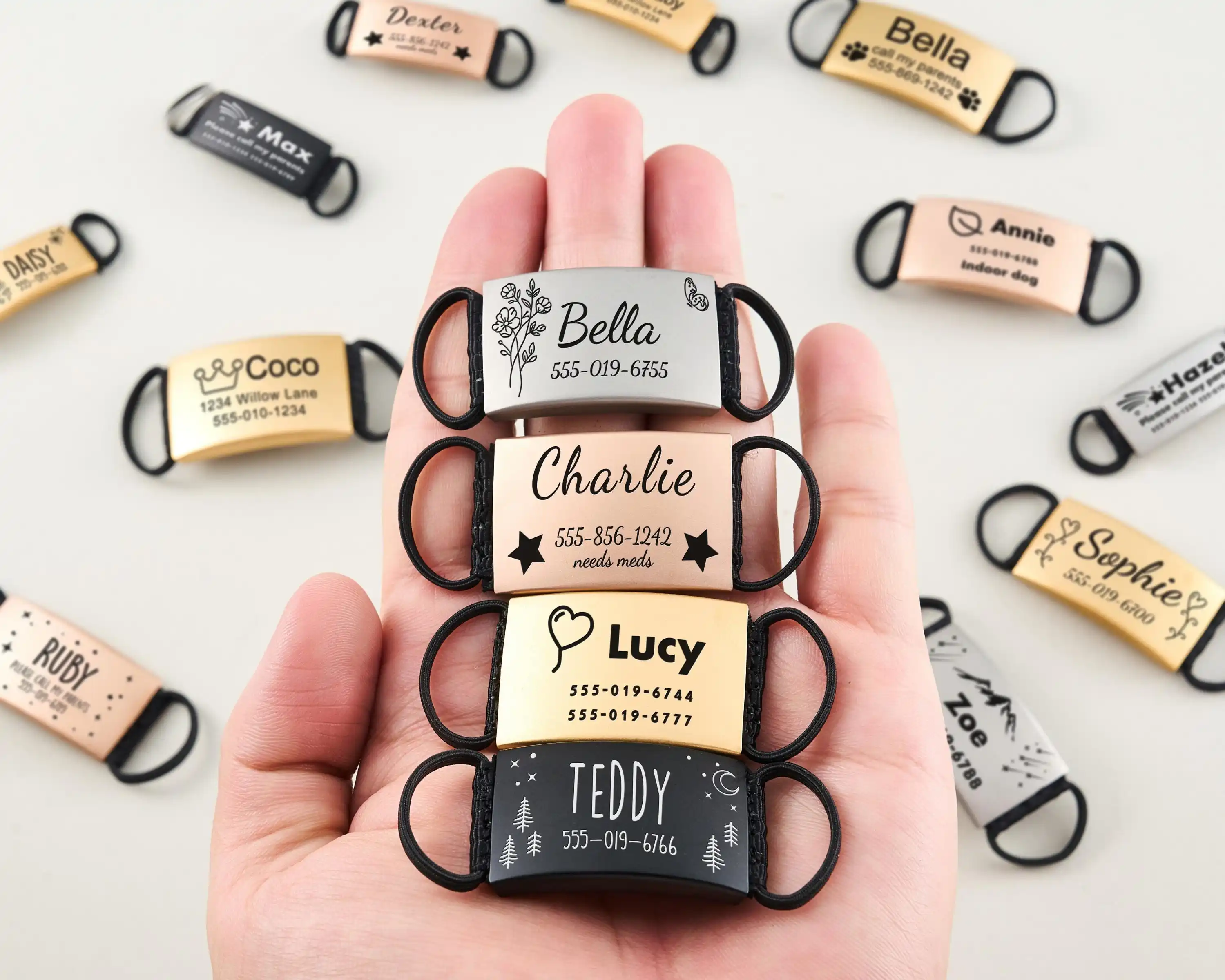 Silent Pet ID Tag, Slide-On Silicone Dog Tag, Personalized Name and Phone Engraving, Noiseless Collar Tag for Dogs and Cats