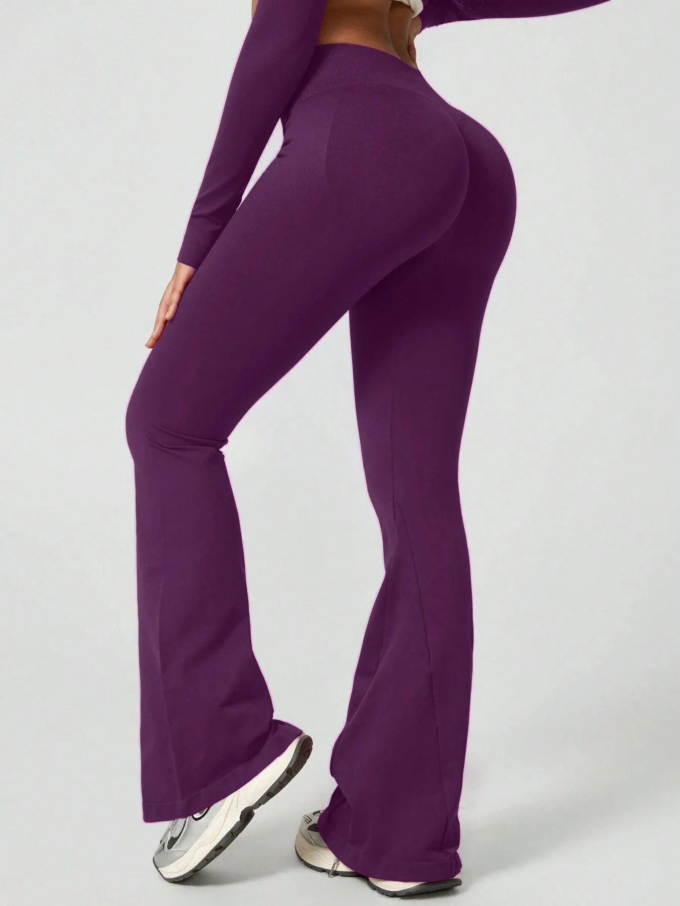 Damen High-Waist Flare Yoga-Hose, Einfarbig, Nahtlos, Breiter Bund, Weites Bein für Fitness, Laufen, Workout – Detail 7